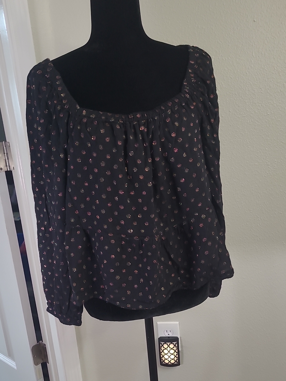 LOFT Black Blouse with Pink Floral Print Baby Doll Style Light Airy Size Small